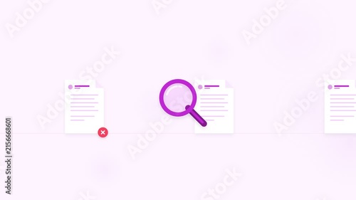 Document search and review process with magnifying glass and check marks