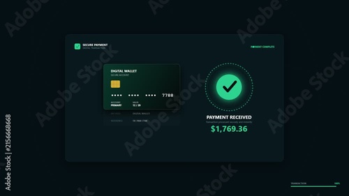 Digital payment processing animation with a credit card and success status
