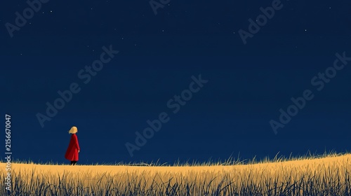 Woman in red coat standing in grass field looking up at night starry sky