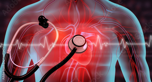 3D medical illustration of human heart anatomy paired with a stethoscope, set against a dark scientific background with glowing ECG lines.