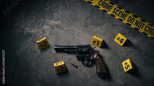 Black revolver handgun lying on cold concrete floor surrounded by yellow numbered forensic evidence markers and caution tape at a simulated dark outdoor crime scene