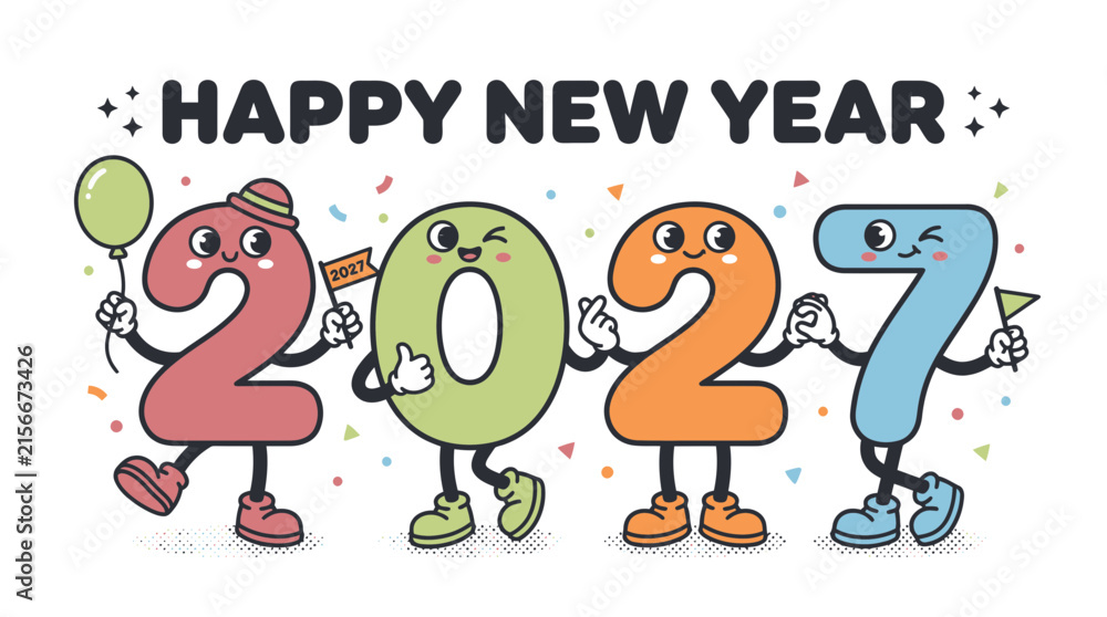 Fototapeta premium Cartoon character numbers 2027 celebrating Happy New Year 3.