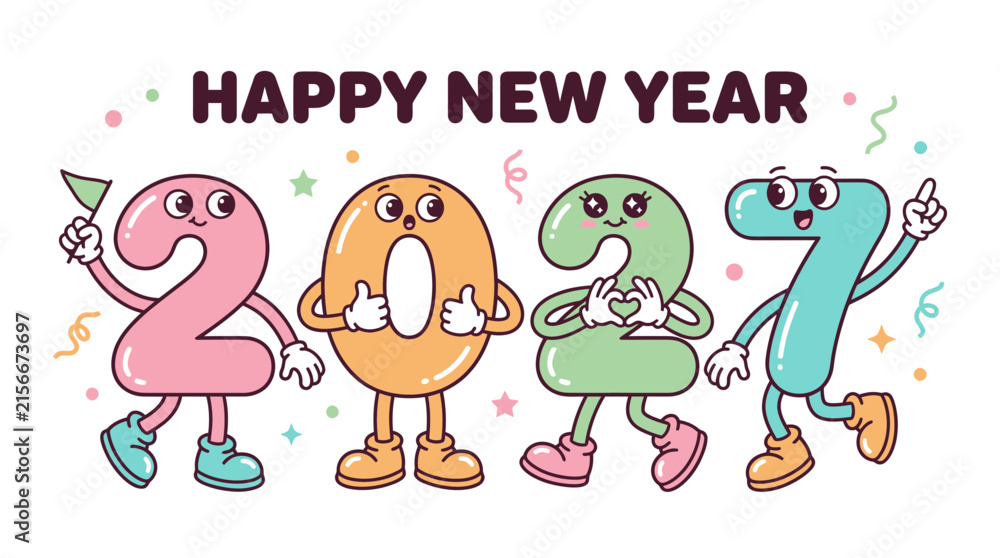 Naklejka premium Cute cartoon character numbers 2027 for New Year celebration.