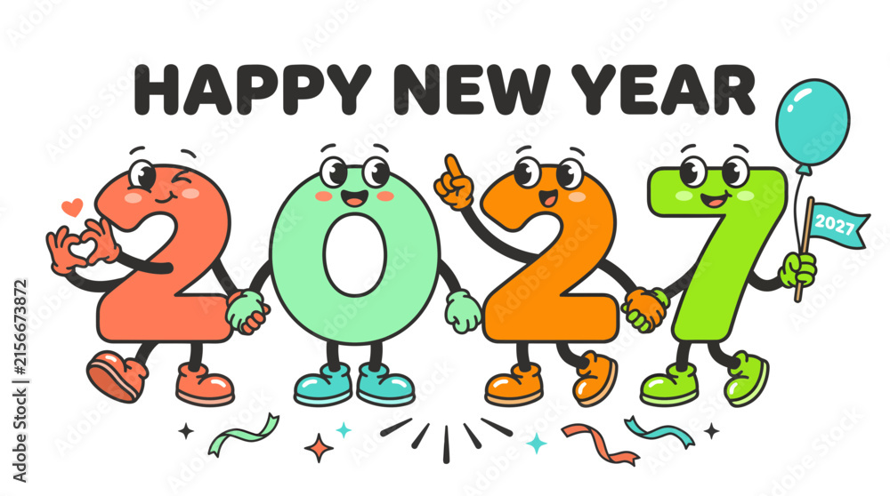 Fototapeta premium Cute Cartoon Numbers 2027 Characters Celebrating Happy New Year 1.