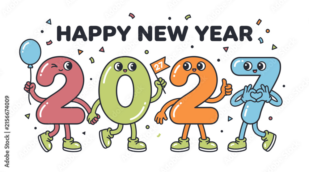 Fototapeta premium Happy New Year 2027 Cartoon Character Numbers 6.