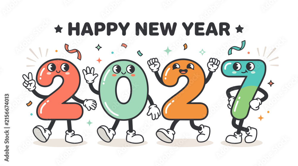 Fototapeta premium Happy New Year 2027 Cartoon Character Numbers 4.