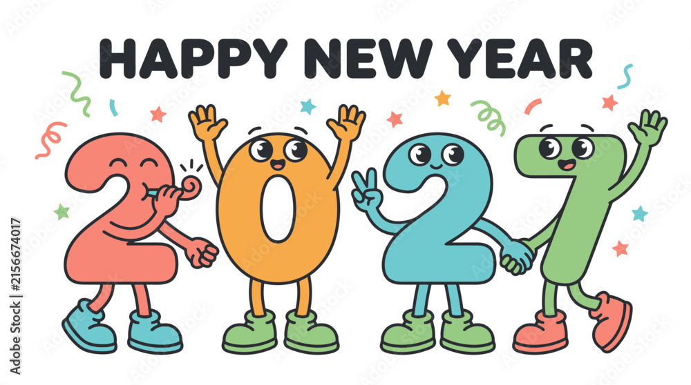 Fototapeta premium Happy New Year 2027 Cartoon Character Numbers Celebration 3.