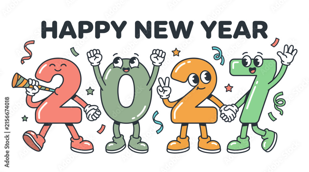 Fototapeta premium Happy New Year 2027 Cartoon Character Numbers Celebration 2.