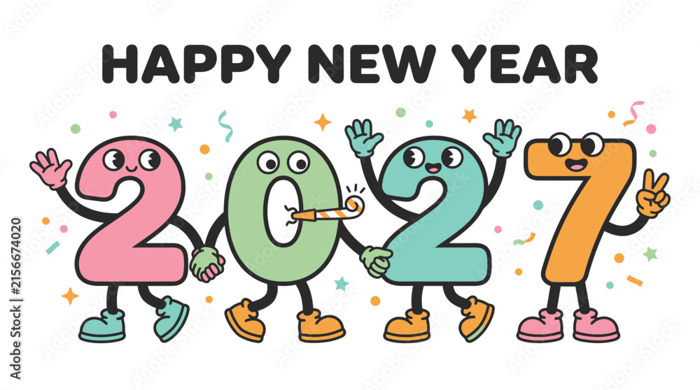 Obraz premium Happy New Year 2027 Cartoon Character Numbers Celebration 4.