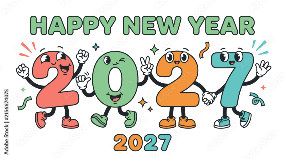 Fototapeta premium Happy New Year 2027 Cartoon Character Numbers Illustration 8.