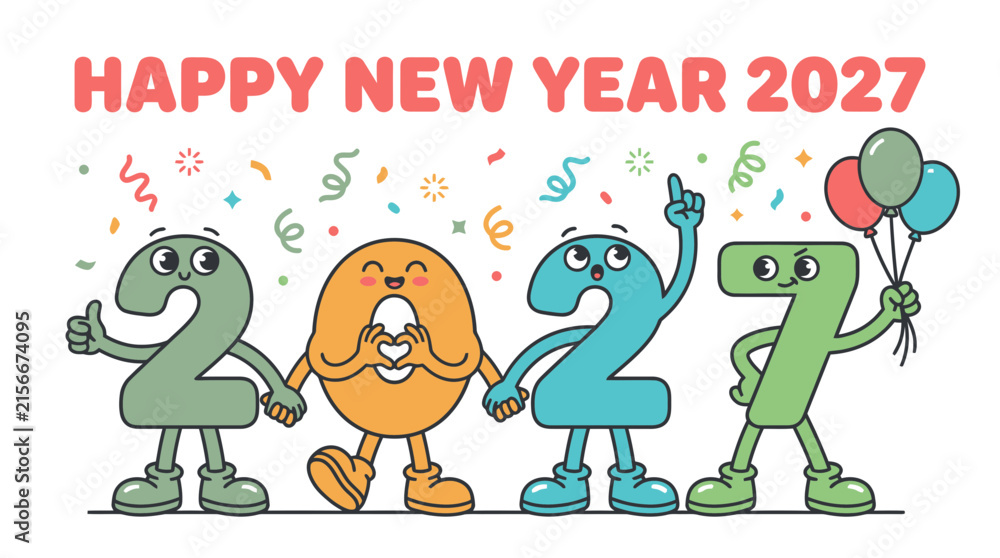 Fototapeta premium Happy New Year 2027 Cartoon Character Numbers Illustration 16.
