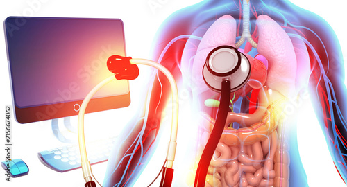Fotografía 3D medical illustration of full human body anatomy showing skeletal and internal systems, paired with a stethoscope and computer monitor