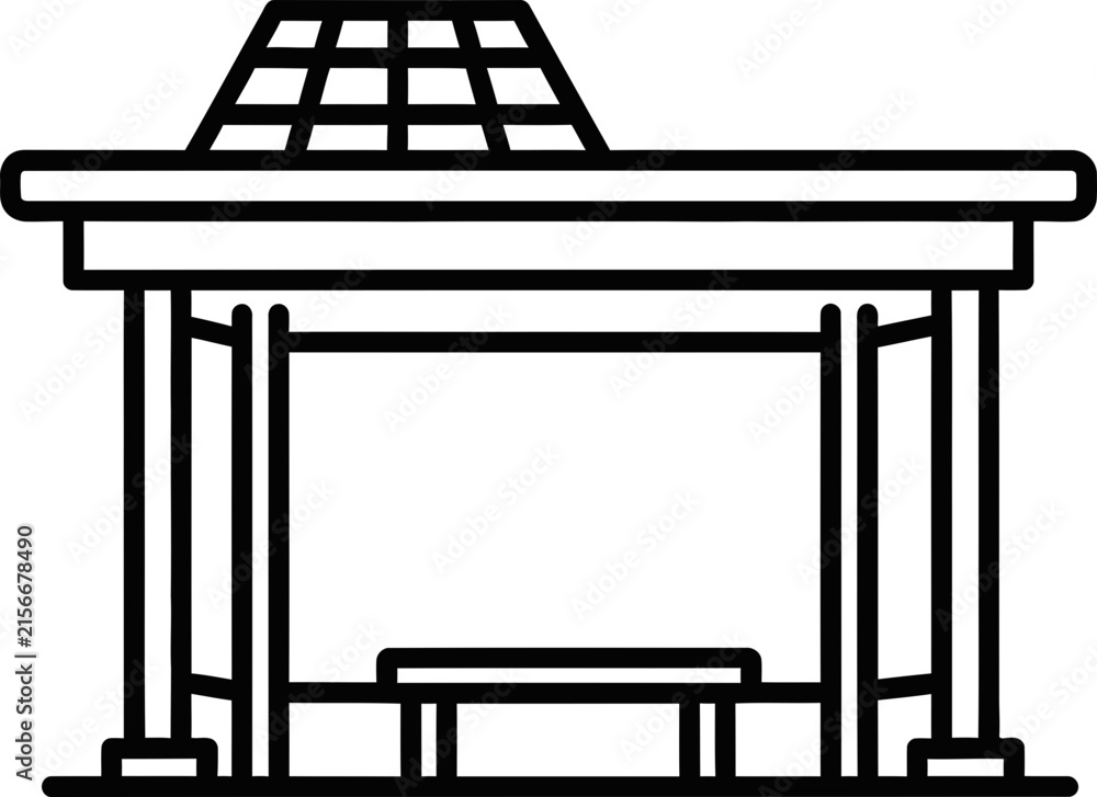 Fototapeta premium Modern Solar Powered Bus Stop Shelter Icon With Sustainable Energy Roof and Minimalist Monoline Style Outline