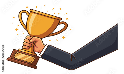 Fotografie Vector illustration of a hand in suit holding a golden trophy cup with sparkling stars, representing business victory, success, and achievement