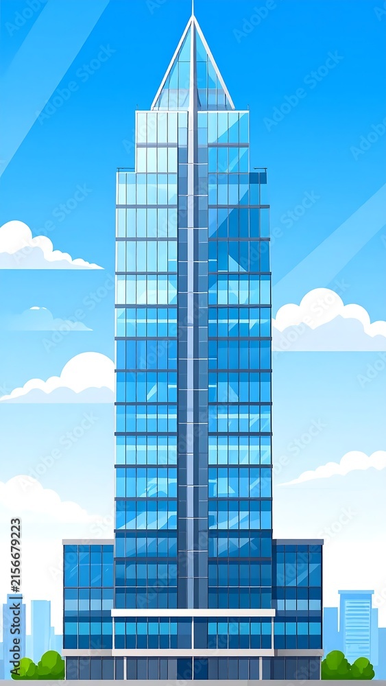 Fototapeta premium Modern skyscraper with glass facade in urban setting.