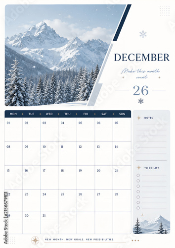December 2026 Monthly Calendar Planner with Winter Mountain Landscape