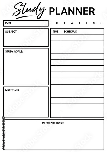 Study Planner Template for Organizing Study Goals, Schedule, Materials and Important Notes