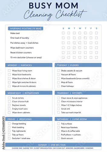 Busy Mom Cleaning Checklist Template with Daily and Weekly Household Tasks