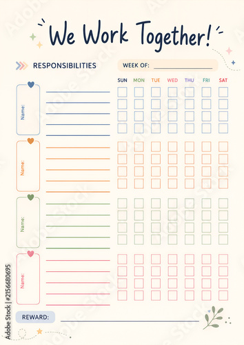We Work Together Family Responsibility Chart with Weekly Task Tracker