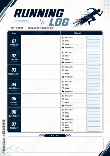 Running Log Planner Template for Weekly Running Workouts and Training Progress