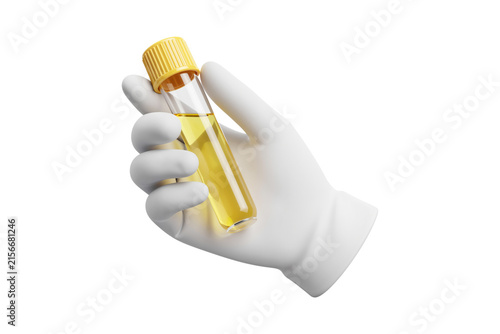Hand in White Glove Holding Test Tube with Yellow Liquid Sample