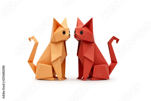 Two Geometric Origami Cats, Warm Orange and Bold Red, Rear Three-Quarter View