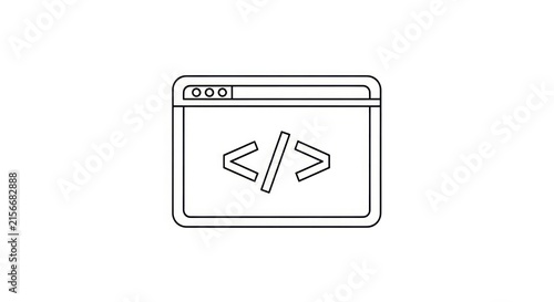 Obraz na płótnie Simple line art illustration of a computer browser window displaying code symbols, representing programming and web development.
