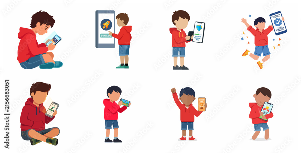 Fototapeta premium Set of cartoon boy characters using smartphones for gaming, app downloads, and security scans on a white background