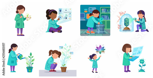 Young Girls as Scientists Working with Futuristic Smart Plant Technology and Biotechnology Vector Set
