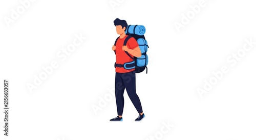 Young Man with Large Backpack Hiking Adventure, Outdoor Travel Concept, Vector Illustration