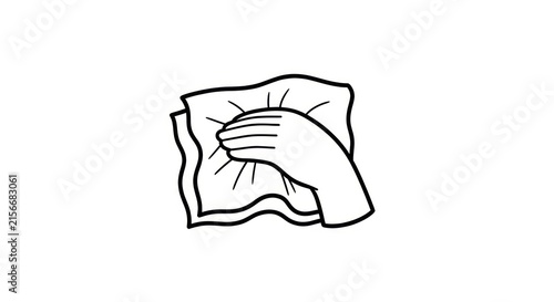 Hand wiping surface with cloth, cleaning icon, simple line art illustration, isolated on white background