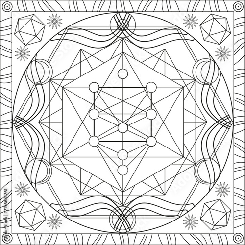 Motif Arbre de Vie - Page Coloriage pour Adultes - Livre Design - Hexagone et Symboles de Géométrie Sacrée - Vecteur