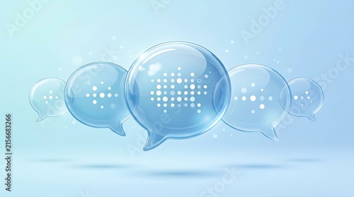 Minimalist blue speech bubbles talk icons floating over background. Modern conversation or social media messages with shadow. 3D rendering. High quality image