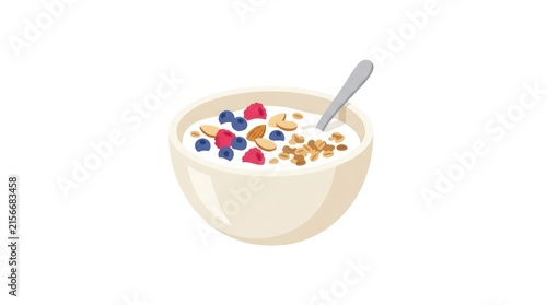 Healthy Breakfast Bowl: Yogurt with Berries, Nuts, and Granola, Spoon Included - Isolated on White Background