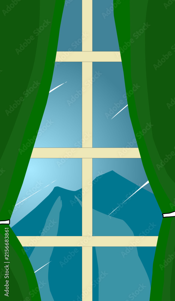 Fototapeta premium Hand Drawn Illustration of Mountain View from Raindrop Window with Curtains Open, Cozy Indoor Scene with Green Curtains Frame on Mountain and Rain View