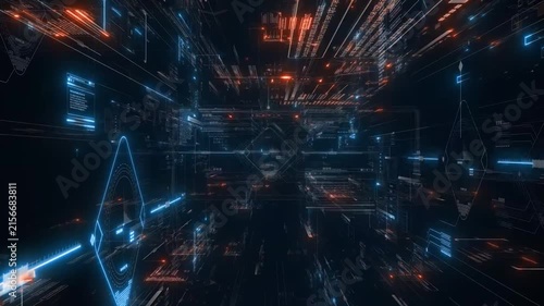 Futuristic Digital Cyber Tunnel Animation with HUD Interface Data Overlay and Glowing Light Grid Loop