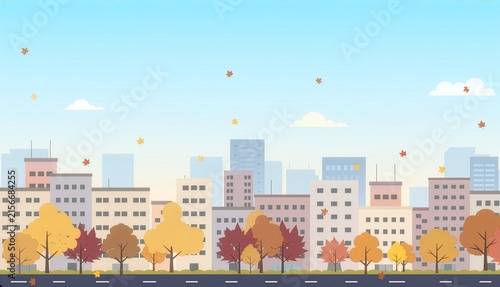 Flat-Design Background Illustration of an Autumn Cityscape, Falling Leaves, and Foliage Trees