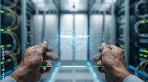 Hands holding futuristic transparent glass tablet with digital holographic interface in a modern data center server room environment