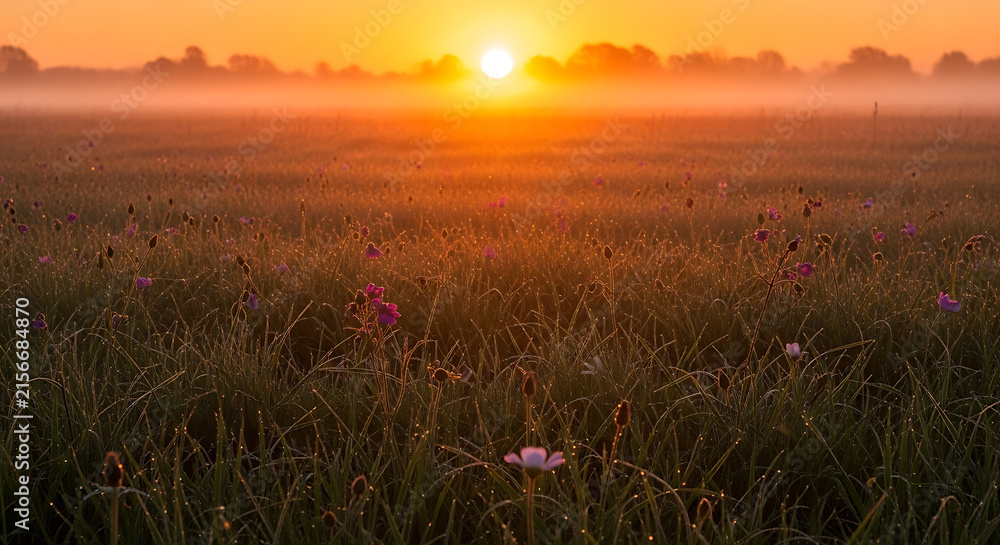 Naklejka premium Golden sunrise illuminating dew covered wildflower meadow during a peaceful early morning