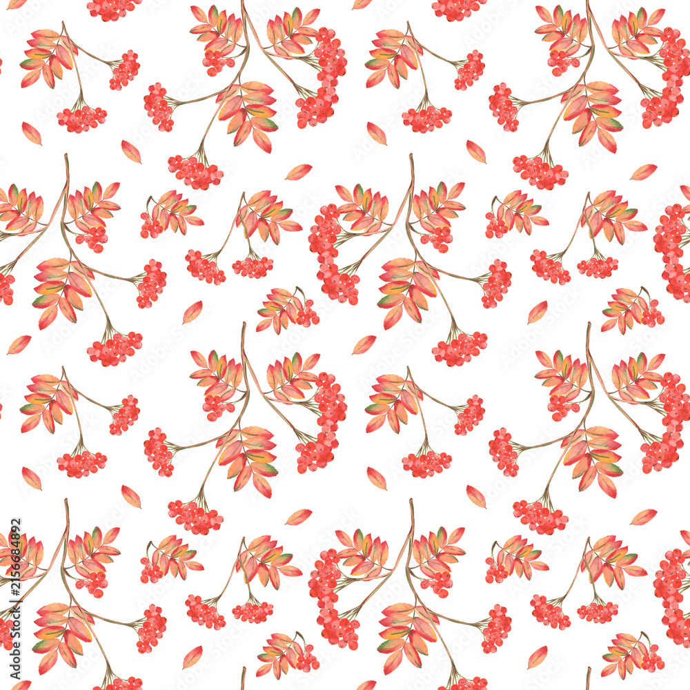 Obraz premium Watercolor rowan berry seamless pattern with colorful autumn foliage