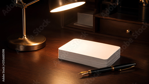 Blank white business card stack mockup with a luxury fountain pen under a warm classic desk lamp on a dark wooden table.