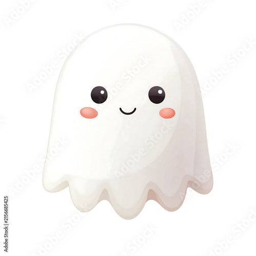 Cute cartoon ghost with blushing cheeks and a friendly smile isolated on transparent background