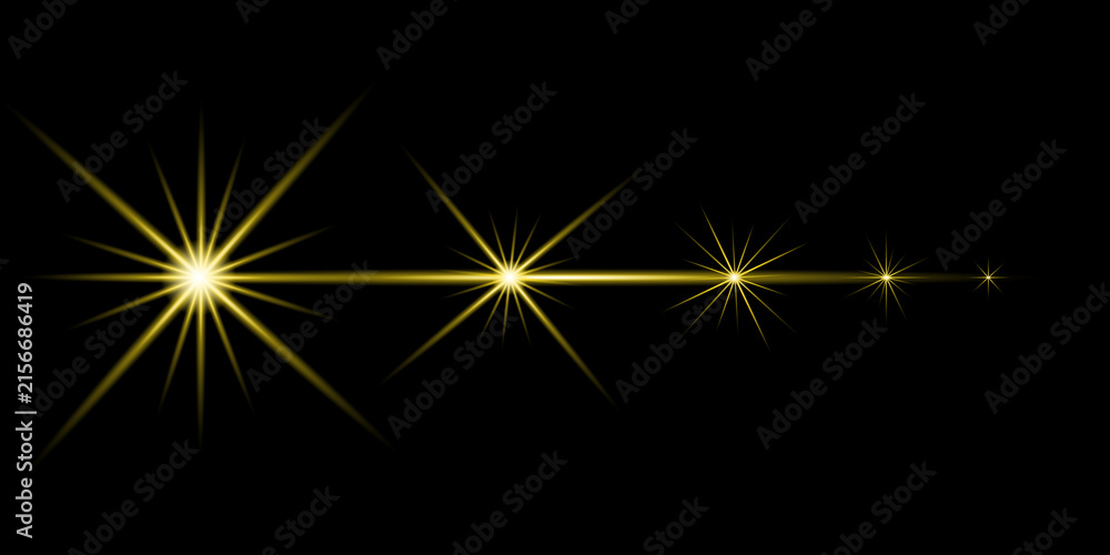 Fototapeta premium Golden Yellow Starburst Light Rays with Horizontal Glowing Light Streak on Black Background