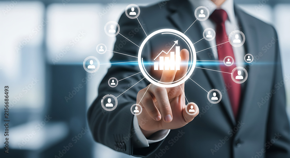 Obraz premium Businessman interacting with a digital network of people and growth chart