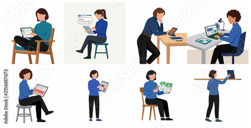 Business Women Working on Digital Devices and Cybersecurity Illustration Set