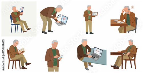Set of illustrations showing an elderly man dealing with online security alerts, phishing scams, and digital technology challenges on various devices.