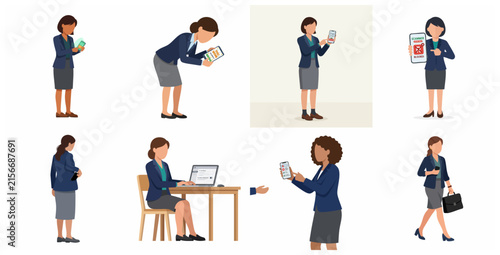 Businesswoman Character Set with Smartphone Security Alerts and Office Work Scenes