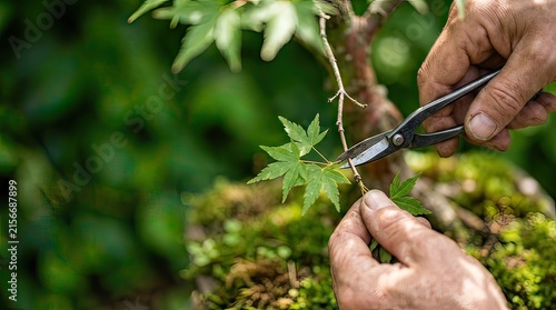 Closeup of gardener trimming bonsai branch with pruning shears among green leaves