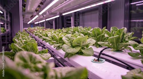 Indoor hydroponic lettuce farm with long rows of leafy greens under led lighting
