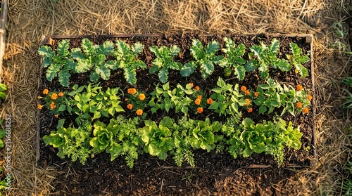 Overhead view of a permaculture garden bed with leafy greens and marigolds